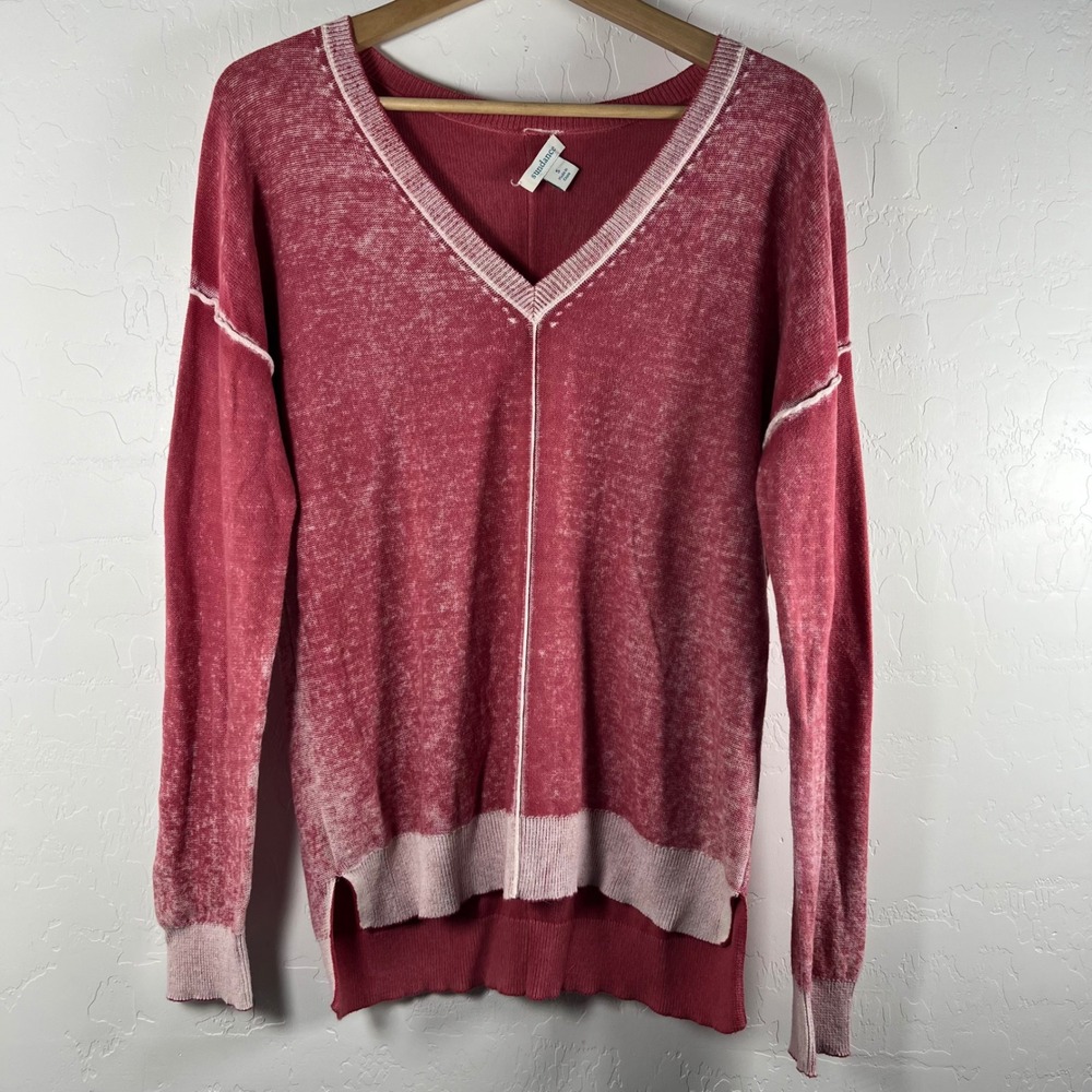 Sundance Samantha Womens Pink Cotton V-Neck Acid Wash Exposed Seam Sweater Small